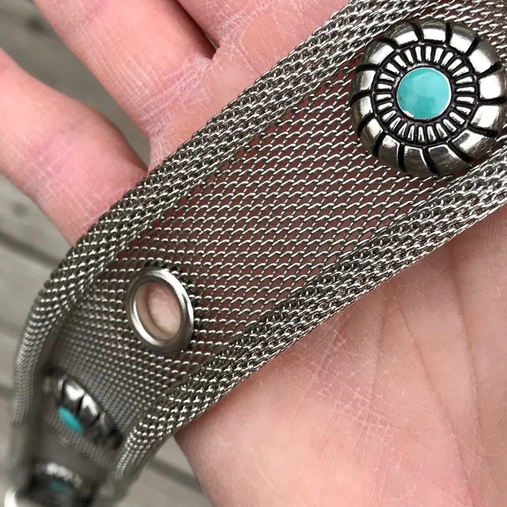 Vintage Donna Katz Silver Mesh Turquoise Belt Small Southwestern Western - Picture 6 of 9